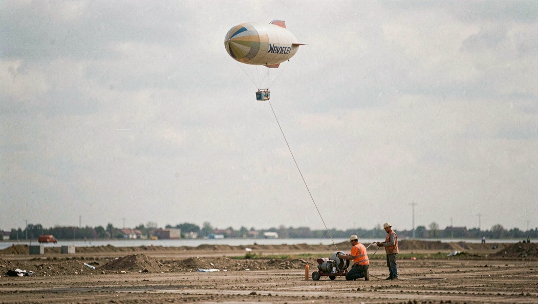 A small helium blimp hovering about two hundred feet above a flat construction site, held by a single thin tether running down to a winch and a two person ground crew