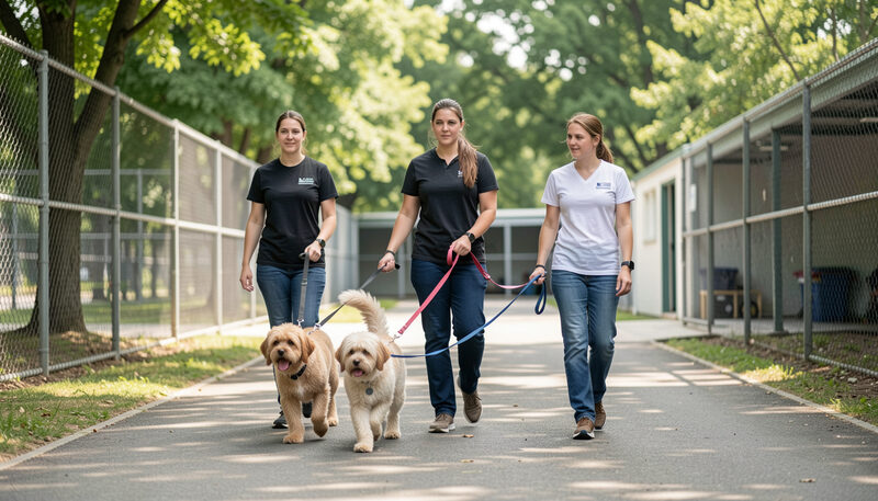 Volunteers walking three rescued blocky headed dogs on leashes along a shelter outdoor path