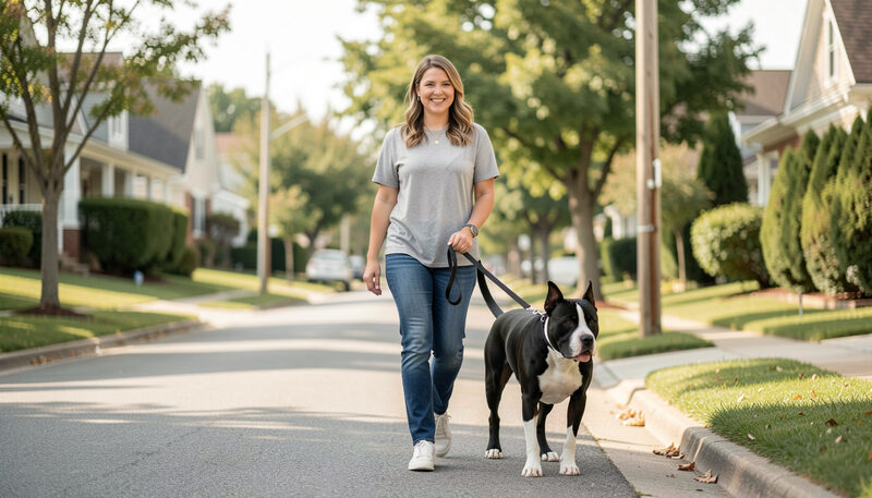 Smiling owner walking a muscular Staffordshire Bull Terrier on a leash along a quiet residential street