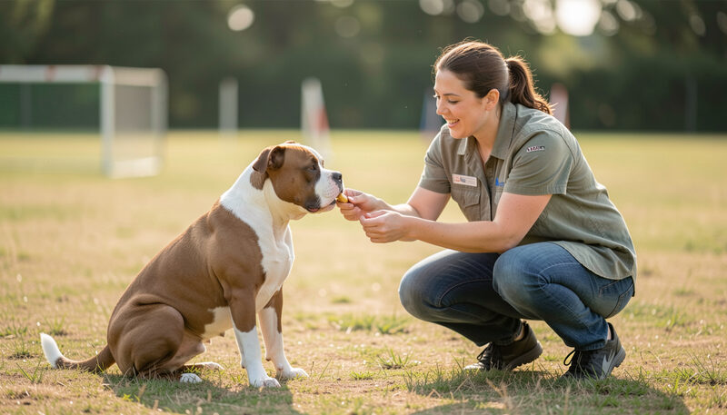 Certified dog trainer rewarding a sitting American Staffordshire Terrier with a treat in a training field