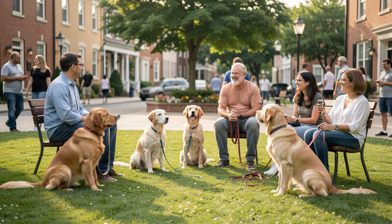 Neighbors and dog owners holding a friendly outdoor community meeting with several calm leashed dogs