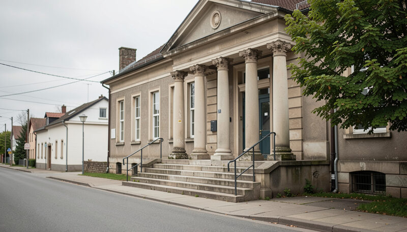 Small town municipal building with stone steps and columns seen from the street