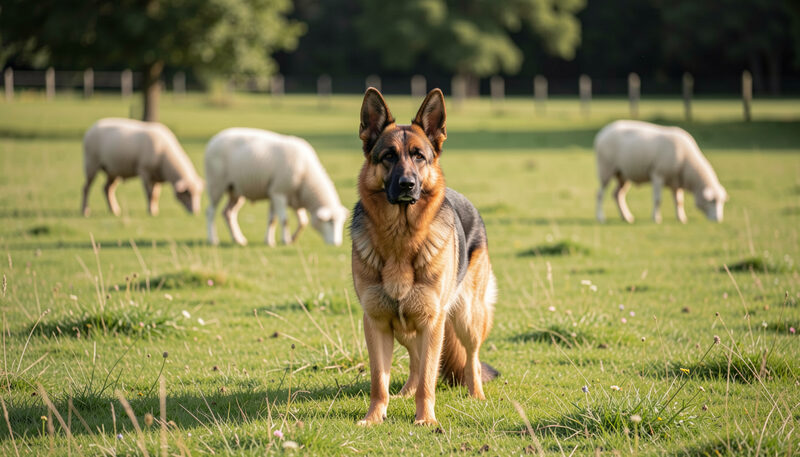 German Shepherd herding dog standing alert in a green pasture with sheep grazing in the distance