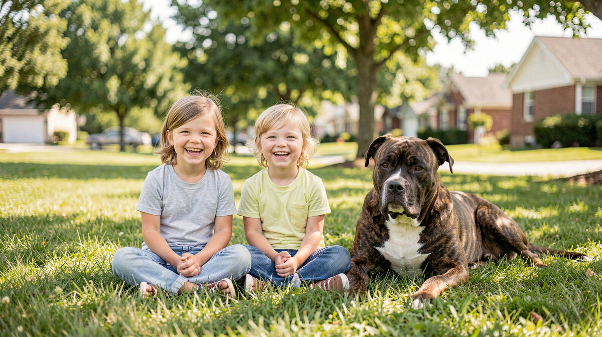 Happy family with two children and their calm brindle pit bull type dog in a sunny suburban park
