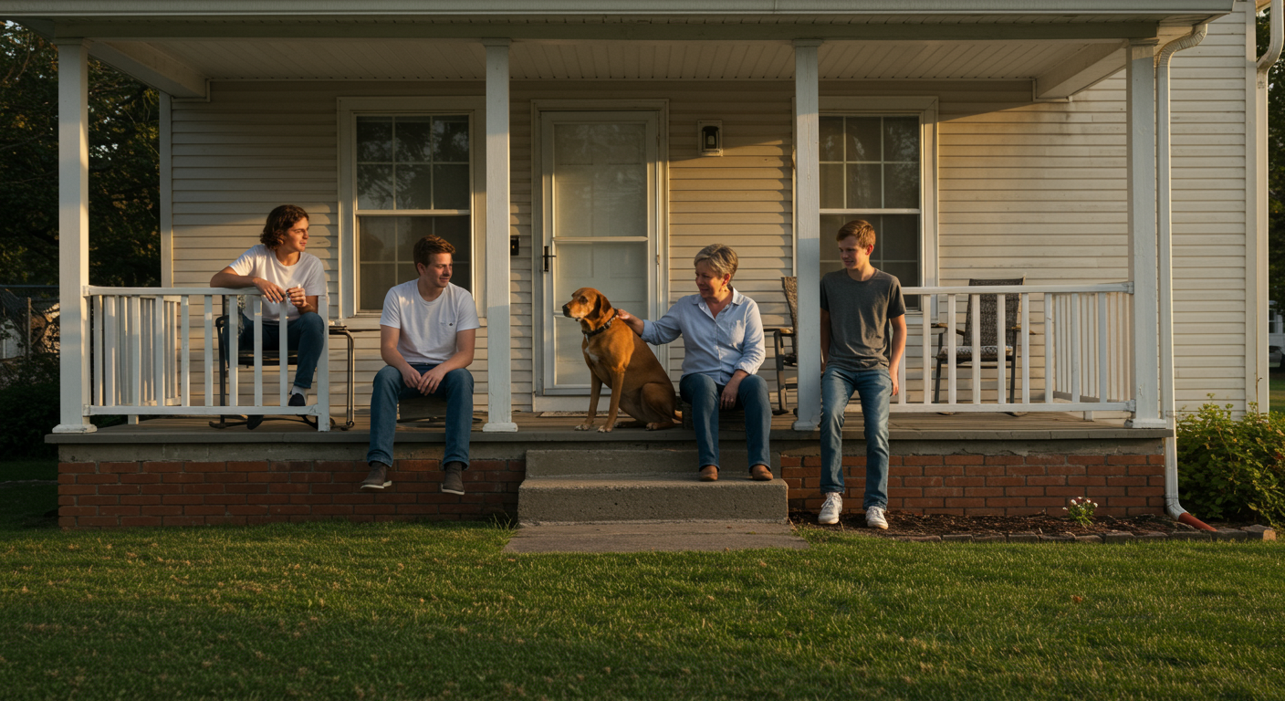 American family with their medium-sized brown dog on the porch of a suburban home
