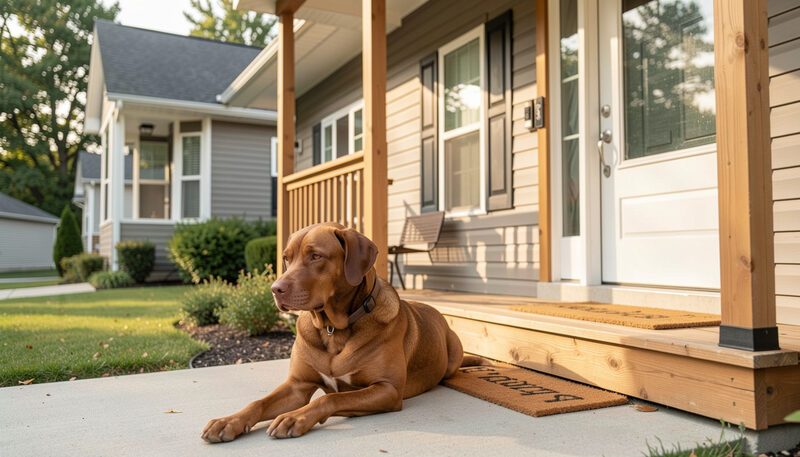Suburban family house with a wooden front porch and a medium sized brown dog lying on the doormat