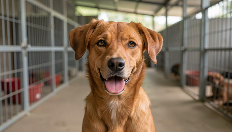 Close portrait of a friendly short haired mixed breed brown dog looking at the camera in a shelter kennel