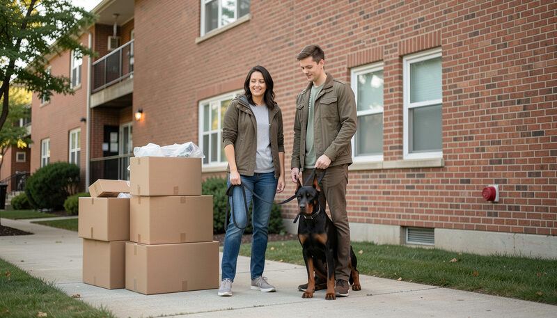 Young couple with moving boxes and a leashed Doberman standing in front of a brick apartment building