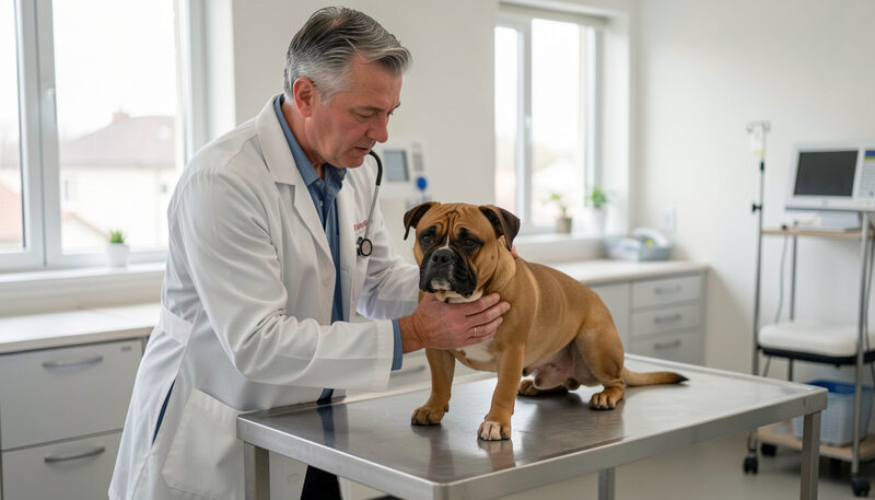 Veterinarian in a white coat gently examining a relaxed Staffordshire terrier in a bright modern clinic