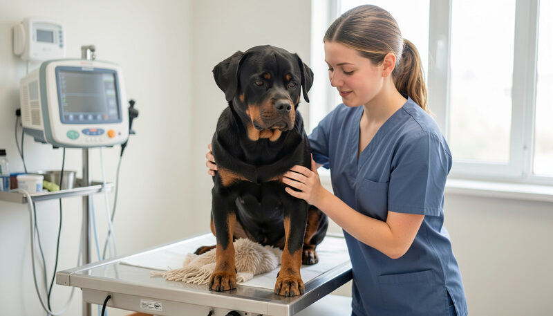 Veterinary nurse comforting a calm Rottweiler on a scale in a bright animal clinic