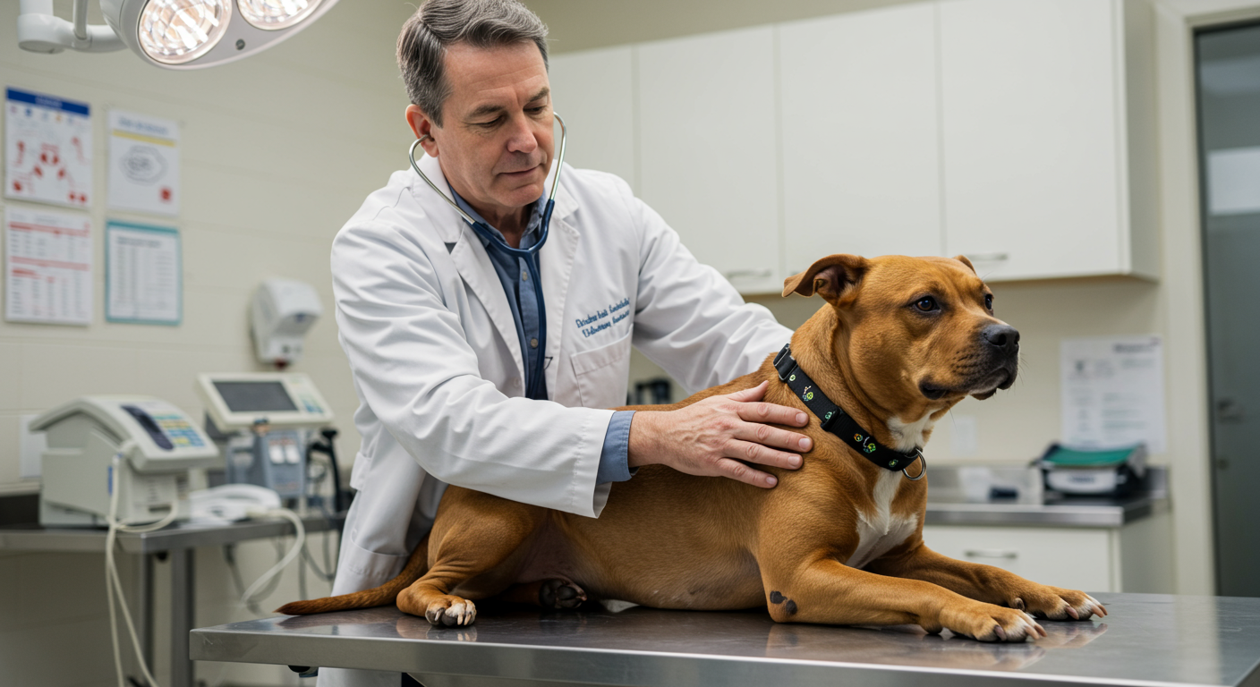 Veterinarian in white coat examining a calm pit bull terrier during a clinic visit