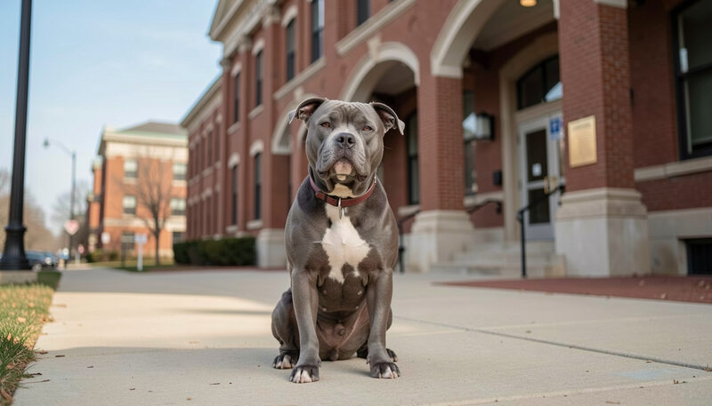 Calm gray pit bull terrier sitting on a sidewalk in front of a brick city hall building