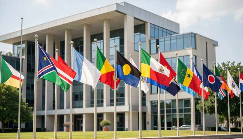 Row of international flags flying in front of a modern government building on a sunny day