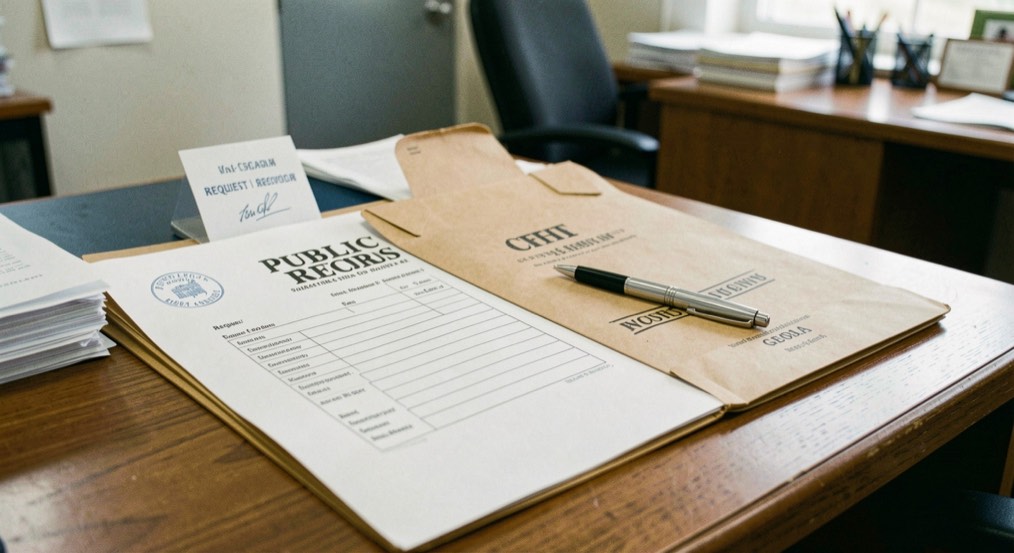 A public records counter in a Georgia office with a request form, a stamped manila folder and a pen resting on a wooden desk
