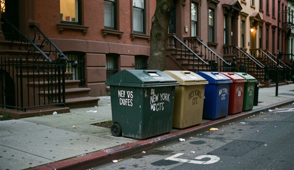 Lidded sanitation bins lined at a New York City curb at dusk in front of a brownstone facade, waiting for the evening collection window