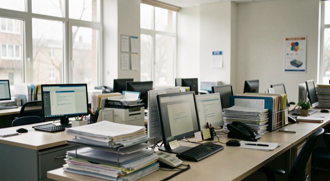 A modern government office interior with desks, computers and file folders in soft daylight, the kind of clearance office that processes single-window applications